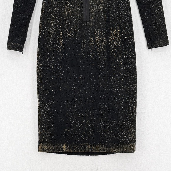 BOTTEGA VENETA Perforate Gold Foil Wool Dress Black Gold Sheath Long Sleeve - Picture 12 of 16